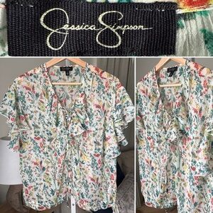 Jessica Simpson Floral Top Semi Sheer Ties at Neck and Hem Flutter Sleeve Size M